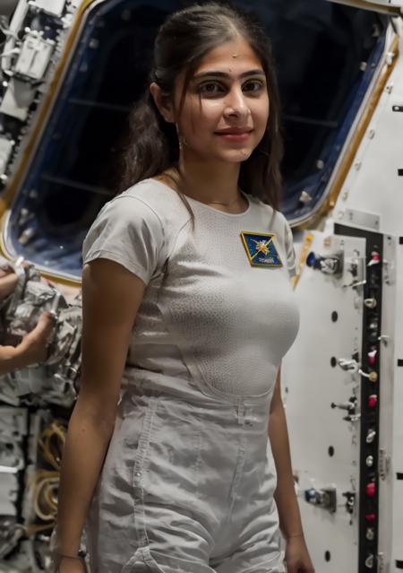 raw photo, masterpiece, intricate, perfect anatomy, highres, 8k uhd, Cinematic, sexual, skin texture, 1girl,  <lora:raebhau:0.9>, young, (big eyes), (large breasts), mechanical, ((astronaut)), ((colorful)),  looking at viewer, teenager, black hair, realistic, solo focus