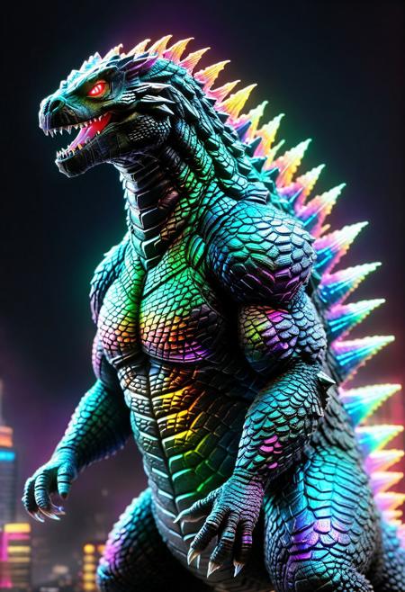 best quality, h4v_h0l0, (godzilla:1.5), 
RGB colors, iridescent, neon, scifi, glowing, black background, depth of field, cinematic, colorful, realistic, masterpiece, intricate details,