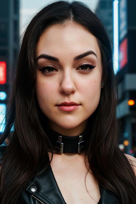 Photograph, close up, beautiful Koh_SashaGreyv2, wearing cyberpunk leatherwear, perfect face, perfect eyes, smiling, sharp focus, futuristic shopping district, dystopia, advertisements, billboards, neon lights, Nikon