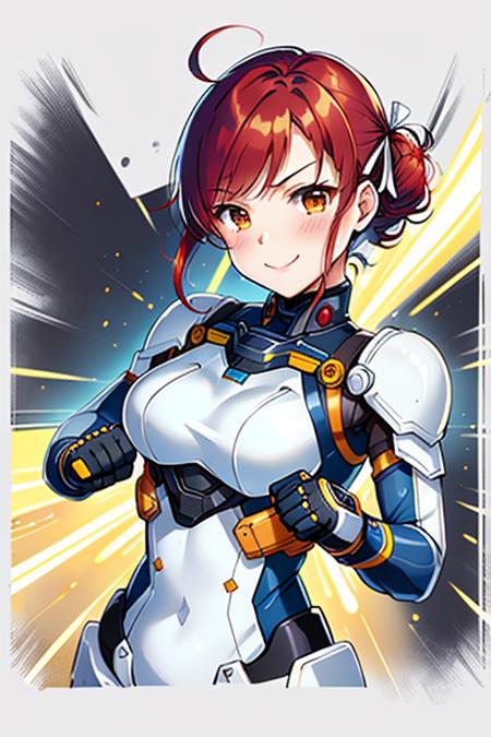 white blue gold exosuit, girl, red hair, fine details, comic lineart, upper body, confident smile, mecha[:0.3], flawless, cute, black hair ribbon, black gloves, action painting , fighting pose, fist, [chibi|inspired by ghibli ], solo