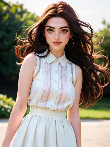 Realistic photo of a beautiful k4t13m woman, 1girl,solo,looking at viewer,smile,skirt,brown hair,shirt,dress,brown eyes,jewelry,upper body,flower,earrings,sleeveless,lips,black shirt,white skirt,freckles,realistic, soft lighting, professional Photography, Photorealistic, detailed, RAW, analog, sharp focus, 8k, HD, high quality, masterpiece<lora:k4t13m:1.0>