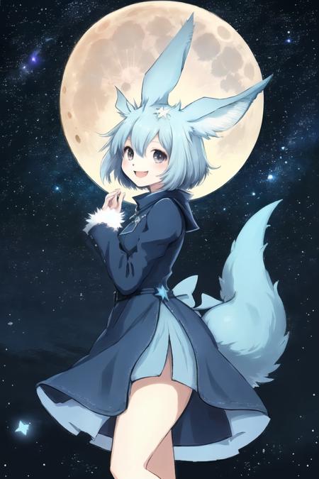 masterpiece,best quality,1girl,carbuncle \(final fantasy\),blue dress,looking a viewer,happy,tail,moon,starry sky,star \(sky\),furry,<lora:Carbuncle_NF_V1:0.7>,