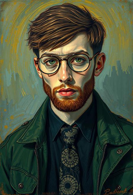 A vibrant post-impressionist portrait in the style of Vincent van Gogh, featuring [young man with dark blond grunge hairdo, aviator glasses, green eyes, Slavic appearance] wearing [green jacket, black shirt, tie with Rorschach test]