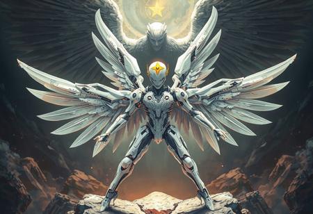 expert Isometric view, Machine Angel Ascension, predominantly white intricate plating, yellow star optic on head, arms and legs spread in symmetrical star formation, head slightly tilted, centered, against a dynamic, looming Harvest Angel of Doom backdrop, focusing attention, Golden Ratio composition, Captivating lighting, Splash Ink illustration, digital matte painting, Sharp lines, Contemporary aesthetics, Raphael influence, Octane Render, Unreal Engine 5, High-res, 4K, Exceptional Quality, Super Detailed, CGSociety, trending on Artstation.