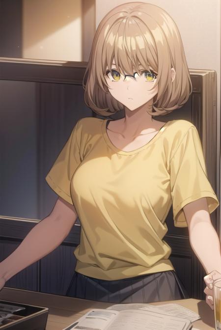 aokiyuriko, <lyco:aokiyuriko-lyco-nochekaiser:1>, 
aoki yuriko, short hair, brown hair, bangs, (yellow eyes:1.5), glasses,
BREAK skirt, shirt, short sleeves, pantyhose, black pantyhose, frills,
BREAK looking at viewer, 
BREAK indoors,
BREAK <lyco:GoodHands-beta2:1>, (masterpiece:1.2), best quality, high resolution, unity 8k wallpaper, (illustration:0.8), (beautiful detailed eyes:1.6), extremely detailed face, perfect lighting, extremely detailed CG, (perfect hands, perfect anatomy),