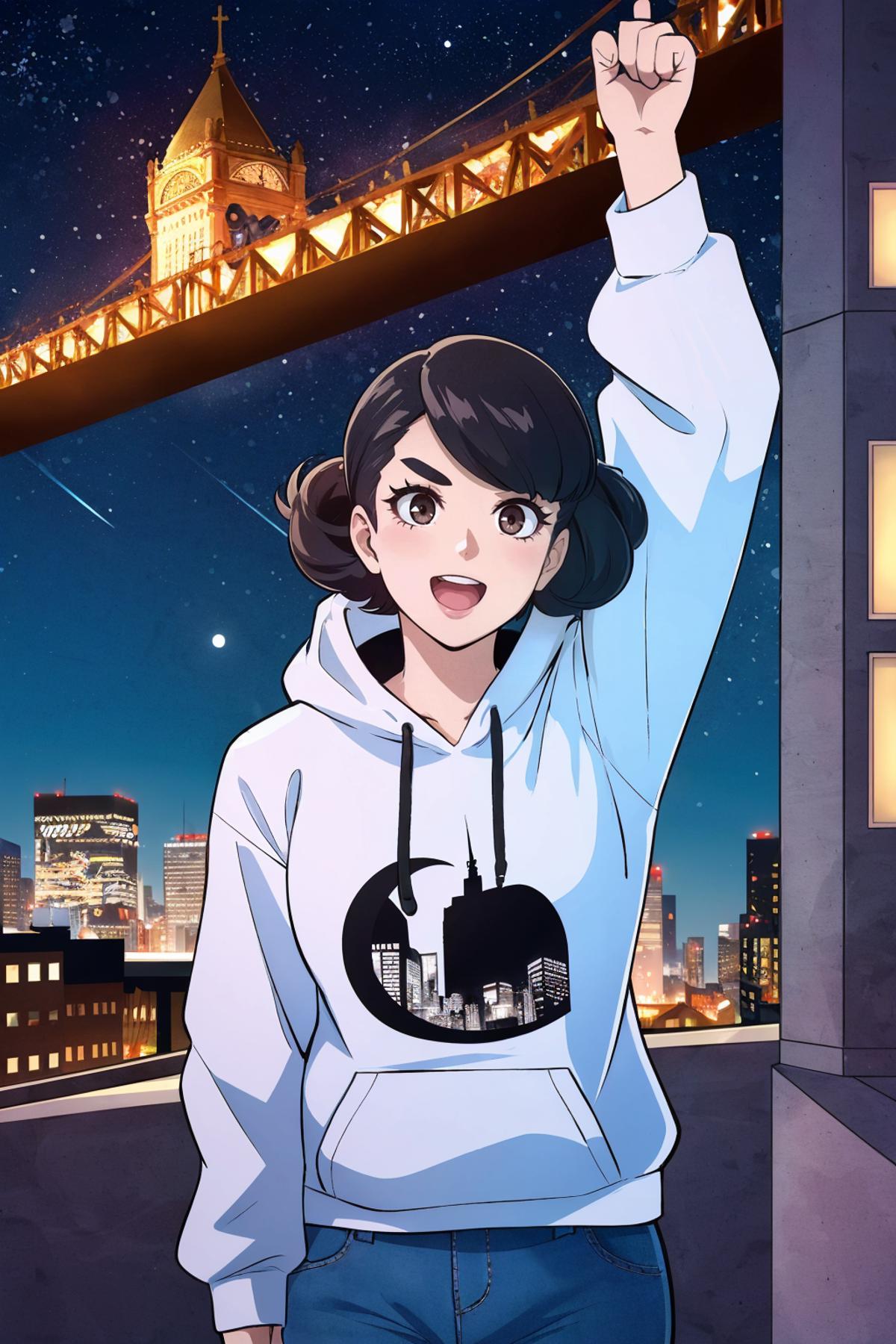 A Girl in a White Sweatshirt Raising Her Hand with a Cityscape in the Background.
