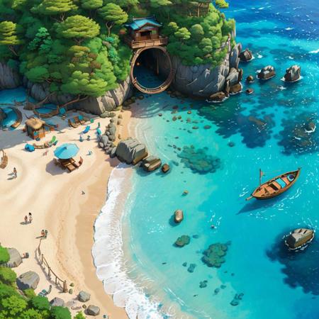 (top view from a cliff),(beach art) there is a small parked couple of wooden boat on the beach and a small palapa, lush blue and turquoise water and the sound of the gentle waves, (lineart), (studio ghibli:1.3), (masterpiece, best quality), (studio ghibli:1.3), vibrant lush, landscape lens, dreamlike, bioluminescent, cel-shading, alphonse mucha, approaching perfection, sharp focus, highly detailed, concept art, trending on pixiv, 4k definition, (photo realistic)