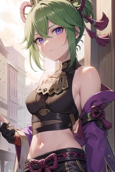 shinobu kuki, green hair, hair between eyes, ponytail, short hair, (purple eyes:1.1), armor, bare shoulders, black gloves, cropped jacket, fishnet top, fishnets, gloves, gold trim, hair ornament, jacket, leg armor, midriff, off shoulder, partially fingerless gloves, purple jacket, shirt, short shorts, shorts, shoulder armor, sleeveless, sleeveless shirt,