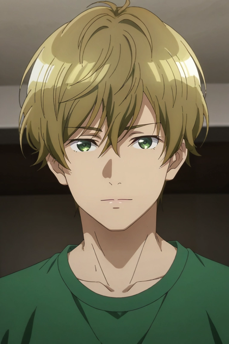 takahiro_mizusawa, blonde hair, green eyes, short hair, bangs, hair between eyes