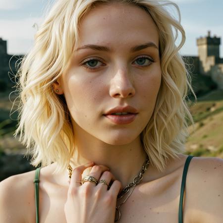 close up analogue photo of a beautiful 25 years old blond woman, clear focus, high resolution image, RAW full body analogue photo of a beautiful 25 years old woman, clear focus, high resolution image,  ,Eco-Friendly: Nature tattoos, recycled rings, hemp necklaces, gentle gaze, natural makeup, sustainable clothing, eco-friendly shoes, minimal piercings, natural.,,low light, soft natural light, Rembrandt style light, Hasselblad DLSR camera, 200mm Zeiss lens, f/2.8, ,Sexy pose, erotic pose, exhibitionism, ,Cliffside castle