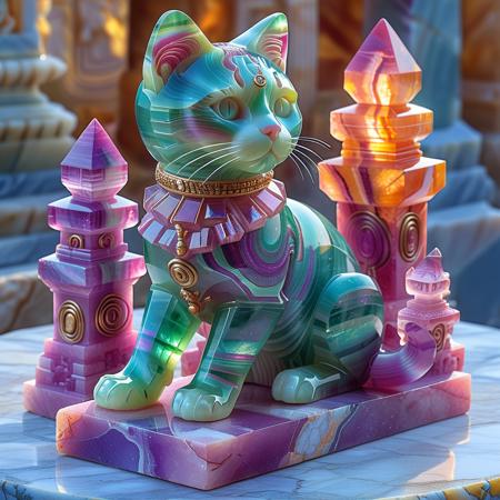 Psychedelic style  <lora:Fluorite_Mineral_SDXL:1> fluorite mineral, iridiscent, flu0rite, a marble cat statue made of fluorite, the backdrop a cat temple filled with offerings and bambo like structures. The statue glowing with a  mystical mysterious glow.   <lora:Marble&stone statues-sdxl1.0:1> statpl . Vibrant colors, swirling patterns, abstract forms, surreal, trippy