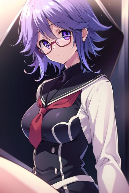 hanakazuki, <lyco:hanakazukiLYCORIStest:1>,
hana kazuki, short hair, hair between eyes, (purple eyes:1.1), purple hair,  glasses,
BREAK long sleeves, dress, school uniform, necktie, black dress, short dress, red necktie,
BREAK looking at viewer, hands behind head,
BREAK indoors, classroom,
BREAK <lora:GoodHands-vanilla:1>, (masterpiece:1.2), best quality, high resolution, unity 8k wallpaper, (illustration:0.8), (beautiful detailed eyes:1.6), extremely detailed face, perfect lighting, extremely detailed CG, (perfect hands, perfect anatomy),