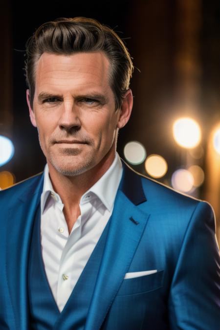 a handsome man standing, blue suit, ready for action, downtown at midnight, upper body, [smiling:0.5], (close up), candid, amateur, (raw, 8k, uhd, fujifilm xt3), sharp, cinematic lighting,<lora:joshBrolin:1>