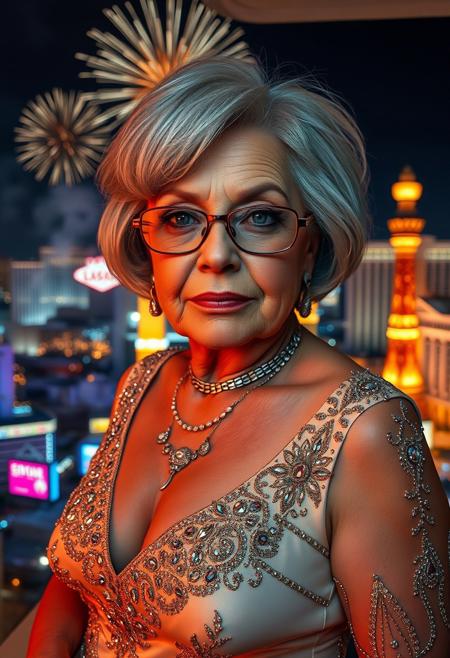 masterpiece, amazing quality, detailed cinematic image, photorealistic front portrait, directional lighting.
photo of a curvy, elderly woman with wrinkles, short silver haired bob haircut that frames her face, reading glasses, wearing an elegant bedazzled evening gown, earrings, necklaces, lace stockings, high heels, hotel balcony overlooking Las Vegas at night, city lighting. 
Perfect Composition, photorealistic image, highest quality, masterpiece, partly illuminated by electric lighting from the front, directional lighting, highly detailed face, dark eye-shadow, high contrast, fireworks explode over the las vegas skyline.