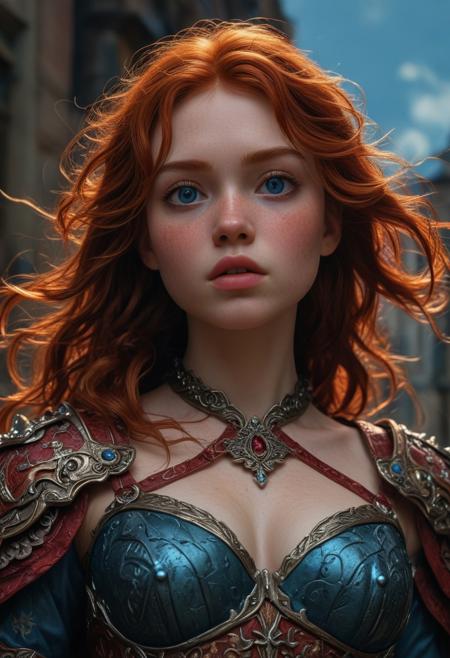 High resolution ultra-realistic of Beautiful Warrior girl, 8k, capturing the intensity of the moment, cinematic lighting, standing on a bloody and turbulent battlefield in a bloody battle, wavy red hair, realistic dirty pale face, realistic blue eyes, beautiful hourglass figure, burning in a fantasy Town, intricately designed cloth dirty black-red robes, fantasy Aesthetic, perfect athletic figure, beautiful Sadie Sink as Warrior Knightess, ultra realistic, cinematic style, vigorous and seductive, athletic figure, dark fantasy style, dramatic lighting, wet and sweaty skin, dirty skin, athletic figure, dark fantasy, dramatic lighting, Greg Rutkowski style, Warrior Knightess on in armor, hyper-detailed, hyper-realistic,  natural light, extremely intricate details, masterpiece, epic, bright colours, Attractive 21 old years girl, Attractive, beautiful firm Breasts, sharp focus, digital painting, Photograph Taken on Nikon D750, Alphonse Mucha, 8K, athletic figure, Hyperdetailed, hyperrealism, Attractive, Attractive bust girl, asymmetric balance