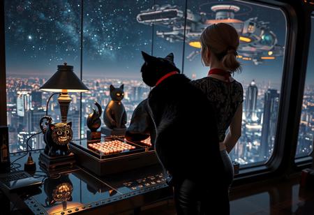 A sleek black cat with red collar sits on a cluttered metal riveted desk with transparent top and micro-LED lighted computer components visible inside, On the desk is an ebony and gold maneki neko statue and a classic ornate art deco lamp, the Black Cat is looking out of a seamless and futuristic floor to ceiling window that looks out at the lights of enormous buildings and cities far below, (((a beautiful woman, 24 years old, is standing in the foreground facing the viewer, the view out of the window depicts nebulae and starships, the sleek black cat with red collar is sitting on the desk and looking out the window, the woman is dressed in an ornate elegant Art-Deco Chinese style top that displays her toned abdomen and tight leather pants. An enormous art deco inspired starship with futuristic lighting and an enormous space station are visible in the background among the stars, The woman's hair is elegantly tied up with a ribbon. Artistic cyberpunk, dynamic perspective, (((overall architectural aesthetic is Art Deco Cyberpunk))).  Epic image that elicits a feeling of wonder and awe, part of the interior is visible,