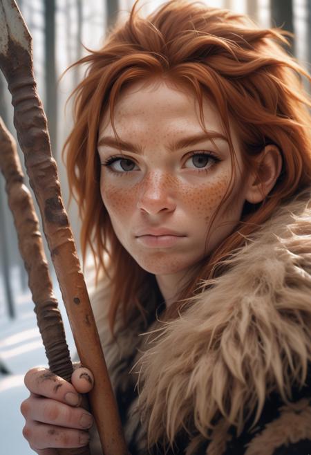 A professional portrait photo of a beautiful gentle strong  neanderthal woman in the forest in winter holding a spear, freckles and mud on face, black stripe painted side to side across her eyes, ginger hair and fur, extremely high fidelity, natural lighting, neanderthal woman
