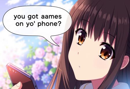 A female up close, long hair, speaking, anime, "you got games on yo' phone?" In gamepixel text on top of screen, beautiful background, brown eyes, looking up at viewer