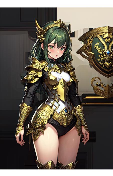 1girl,masterpiece,best quality,ultra-detailed,very detailed illustrations,extremely detailed,intricate details,highres,super complex details,extremely detailed 8k cg wallpaper,green hair,heavy armour outfit,small breasts,<lora:BrownDustLoRA:0.8>