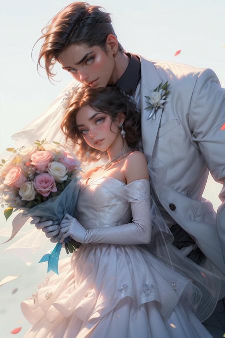 1girl, 1boy, dress, brown hair, wedding dress, jacket, hetero, necktie, couple, smile, strapless dress, pants, strapless, veil, flower, long hair, holding, jewelry, gloves, shirt, necklace, bouquet, white pants, holding bouquet, white dress, blue eyes, white shirt, open jacket, elbow gloves, white gloves, white jacket, pink necktie, bridal veil, white background, wedding, husband and wife, long sleeves, long dress, pink flower, floating hair, short hair, standing, open clothes, collarbone, look at the other, happy face, smile, <lora:ouka_长相忆:0.6> <lora:hairdetailer:1>