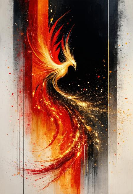 A minimalist abstract painting of a phoenix rising from ashes, with flowing lines and fiery colors. The phoenix is depicted as a simple, elegant shape, leaving a trail of shimmering gold dust. The background is a deep black, with embers floating across the canvas. Styled in the geometric abstraction and color field style of Rothko and Newman, with a focus on bold shapes and a sense of transcendence.