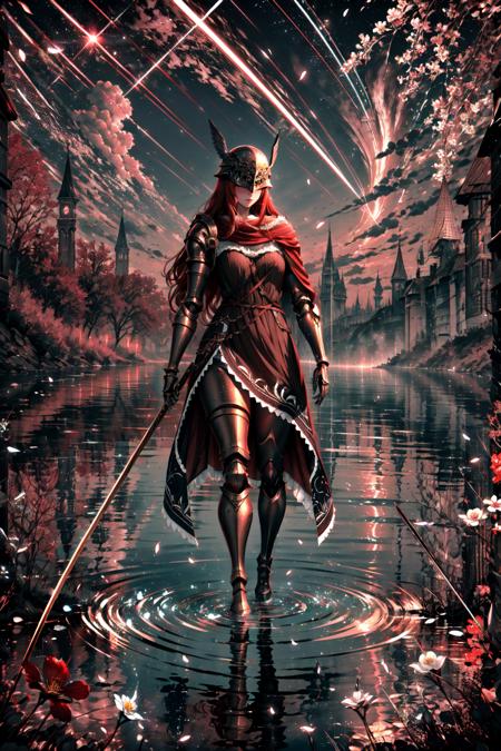 Highly detailed, High Quality, Masterpiece, beautiful, Malenia, prothestic leg, single mechanical arm, prosthesis, armor, cape, helmet, brown dress, <lora:Char_EldenRing_Malenia:1>, sword, holding sword, full body, wide shot, flower, water, solo, sunset, night, (dark environment), <lora:Style_DarkIncursioStyle:1>, <lora:Other_MoreDetails:0.5>