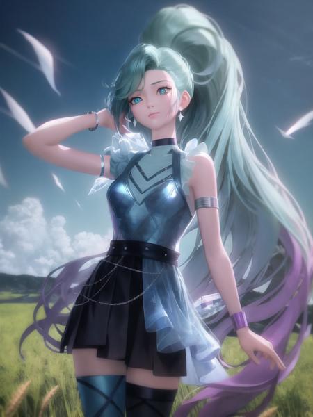 sky, field, wheat, high detailed, 8k, highres, (k/da all out seraphine), league of legends, k/da \(league of legends\), cowboy shot, 1girl, solo, aqua hair, gradient hair, multicolored hair, blue eyes, lips, long hair, long ponytail, ponytail, earrings, jewelry, armlet, bracelet, choker, ice wings, blue dress, layered clothing, black skirt, single bare shoulder, thighhighs