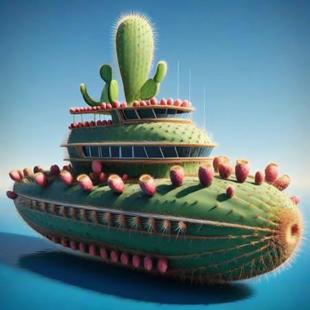 Boat, Big boat made of cactus,  tech  <lora:Prickly Pear Style v1:1>, Prickly Pear Style,