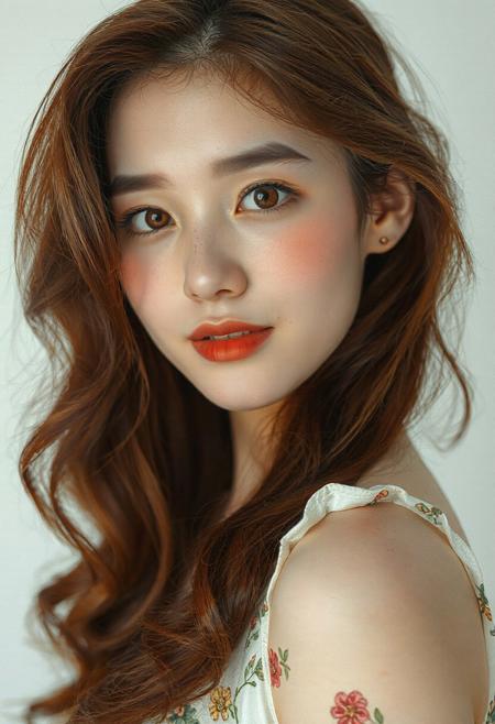 DLSR photograph, slender, beautiful extremely sexy 26 year old korean model . Pale skin, 
lighting<lora:MoriiMee_Gothic_Niji_Style_FLUX:0.3500000000000001> <lora:AsirAsianPhotographyflux:0.7000000000000002>
 (score_9, score_8_up, score_7_up), white theme, masterwork, masterpiece, best quality, dynamic pose, dynamic angle, (realistic:1.4), (lineless:1.2), detailed, <lora:Detailer_NoobAI_Incrs_v1:0.75>, , aged up, adult, depth of field, blurry, cheekbones, dynamic lighting, high detail, 8k                       girl, kawai girl,Expressiveh, good_hands, best quality,mature woman,             8K, masterpiece, best quality, very aesthetic, semi-realistic, (artist:incase:0.5), (artist:tsuaii:0.5), (flat colors:2),
1girl, hazel eyes, large pretty nose, dark auburn brunette hair, medium wavy hair, blush, freckles, boho chic summer flower dress, black mascara, curvy, Expressiveh, very pretty, very attractive, blush, looking at viewer, parted lips, coy smile, full body shot,
dynamic angle, ((simple plain white background)), standing, view from in front,