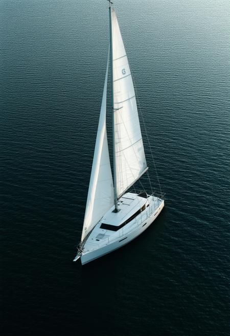 A solitary, elegant minimalist modern sailboat rendered in a style embracing the confluence of Impressionism and Minimalism. The vessel is a crisp, clean silhouette against a deep midnight black background, subtly shimmering with diffused, soft white light. Linear shapes and gentle curves define the form, creating a balanced and serene composition. Focus on reduction and uniformity of form, emphasizing the interplay of light and shadow. A sense of quietude and understated luxury. 8k, photorealistic, octane render, trending on artstation.