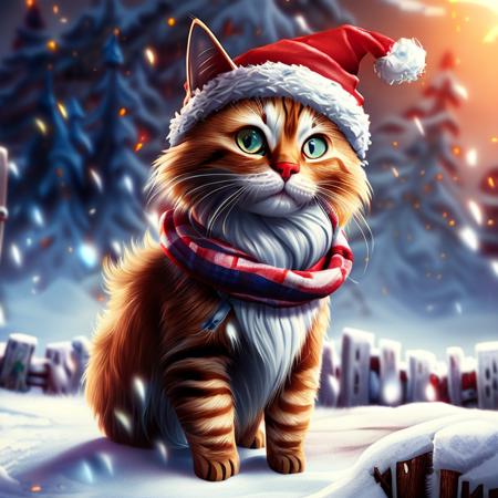 a cute skinny cat wearing a santa hat and scarf in the snow, realistic, at artstation and behance, art by wcat8-v2-2000, cinematic lighting, night, heavy snowfall, snowstorm, photohelper