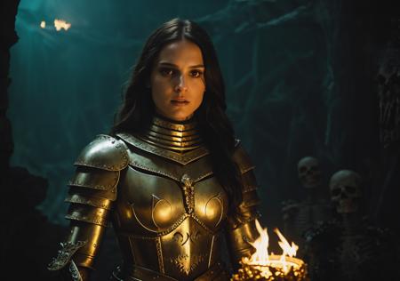 RAW photo, subject, 8k uhd, dslr, , high quality, film grain, Fujifilm XT3, professional photo, (detailed skin:1.3), high quality, <lora:Ornamental_Armor:0.54> , ornamental armor, metal armor, ornamental breastplate, wearing ornamental armor, face similar to a mix of Natalie Portman  and  Kate Bush ,    A close-up of an female fire and ghostly skeleton queen wearing intricate golden armor, with glowing eyes surrounded by translucent skeletons floating in the dark fire ocean, standing inside a skeleton dungeon, crypt. Rendered in the style of Unreal Engine, with a cinematic, hyper-realistic style.