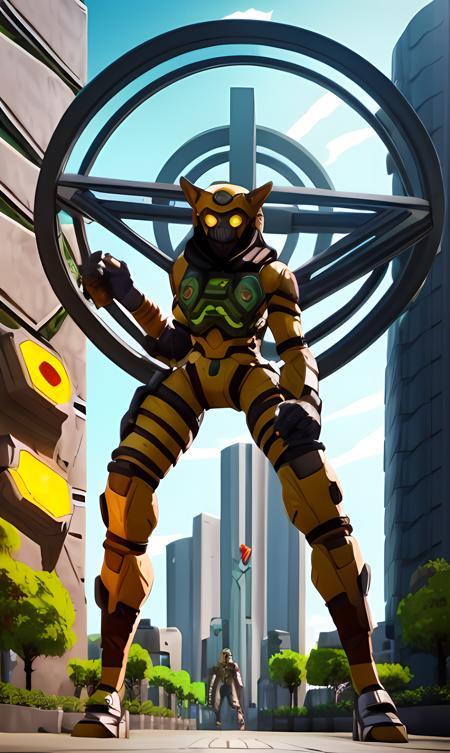 a male character stand on the ground, wearing mask, garden and futurist circle building in the background, <lora:ApexLegends:1.0>