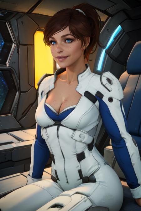 Sara,solo,brown hair,blue eyes,lips,freckles,short hair,ponytail, awkward smile,  lounging,  sitting,  cowboy shot, 
Ryder, white and blue casual wear, cleavage, 
space pod, neon lights, (insanely detailed, beautiful detailed face, masterpiece, best quality) <lora:SaraRyder:0.8>