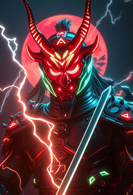 masterpiece, best quality, volumetric lighting, neon colors, dark background, 1man, male, closeup, Raijin with an oni mask, god of thunder, god of lighting, god of lightning, thunder, and storms, cyber tron neon Raijin armor, full armor, Covered face, covered eyes, standing in front of a tomoe, tomoe background, cyber horns, ninja pose, kunai, blades, flying raijin, so fast leaving mirages, katana