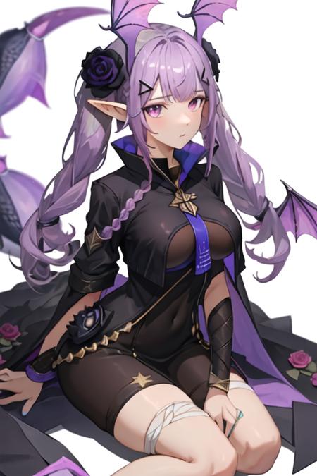 best quality, masterpiece, highres, solo, {manticore_arknights:1.15}, long_hair, purple_hair, head_wings, pointy_ears, bangs, hair_ornament, purple_eyes, twintails, breasts, hairclip, tail, 1girl, flower, hair_flower, looking_at_viewer, official_alternate_costume, rose, braid, simple_background, white_background, black_dress, large_breasts, dress, upper_body