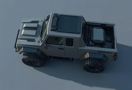 1 vehicle, 
cyberpunk pickup truck.  boxy shape.  Large cabin with big windows. offroad ready.
Logo label "BDwerks®" written on the side
View from above. 
"