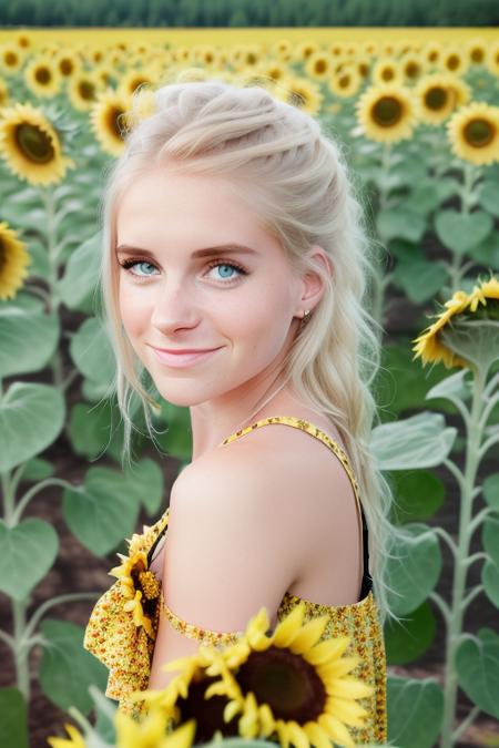 raw photo of a young woman, perfect face, perfect day, [happy to see you], surprised you are here so early, in a sunflower field, under a sunflower's shade, in a cute yellow sundress, center frame, (upper body), sharp focus, 8k uhd