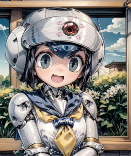 Amidst a sci-fi landscape, a female robot with a curvaceous figure and a stunning robotic face soars through the sky, her glowing blue pupils illuminating the darkness.highres, intricate detailed, masterpiece, HDR, wide shot, 8k resolution, detailed cg, (empty eyes:1.3), beautiful face, (delicate mechanical body:1.2), (mechanical hair:1.3), (excited:1.2), ravishing, 3d render, detailed eyes and detailed face, 8k resolution, <lora:TPO:0.8>, <lora:more_details:0.9>, (ð¤:1.2), (Pappara-tai:1.25), (ouka(Pappara-tai):1.25), (android:1.25), looking to the side, (helmet:1.2), (porcelain skin:1.4), (reflective sheen:1.3), robotic limb, robotic reveal, (robot neck:1.3), clothed robot, (yellow sailor collar:1.45), (serafuku:1.6), determined, robot joints, young face, forehead red jewel, (robot ears:1.4), polishing, (metallic texture:1.45), robotization, titanium, glowing armor, chrome metal, (antennae:1.3), helmet, depth of field, ultra sharp focus, best illumination, official art, 3d, floating, airbrush, A rustic countryside unfolds, with patchwork fields in varying shades of green, dotted with grazing livestock and quaint farmhouses that exude timeless charm.