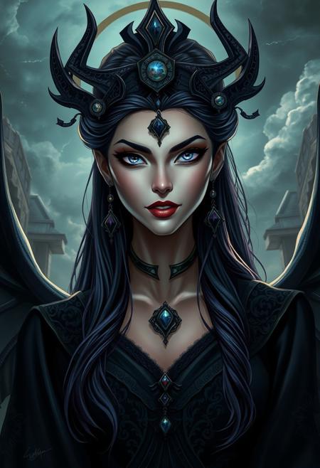 A dark goddess with a haughty yet exquisitely beautiful face, perfectly symmetrical features, piercing cold glowing eyes, delicate arched brows, and a slight arrogant smile. Her hair is long, flowing, dark with hints of purple or deep blue, adorned with an elegant yet ominous diadem. She wears luxurious dark robes with intricate patterns and celestial motifs. Background: a gloomy temple or a stormy night sky. Dramatic lighting highlights her figure. Style: dark fantasy, highly detailed, with elegant and beautiful facial features