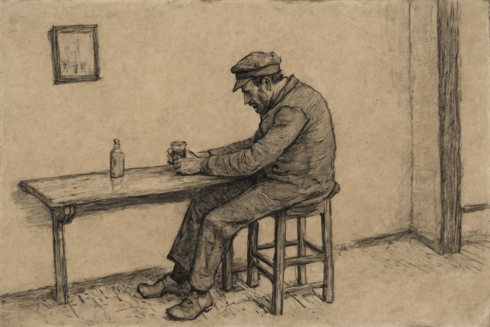 Man Sitting on Stool and Drinking from Glass: A Painting