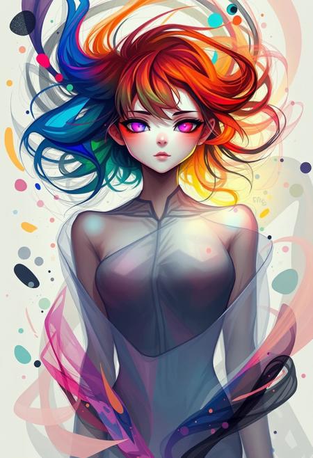 An enigmatic and fluid character with no defined hair, but instead a flowing aura of vibrant colors. Her eyes are abstract shapes that seem to change and shift. She wears a minimalist outfit made of translucent materials that blend seamlessly with her surroundings. She is positioned in an abstract digital environment where shapes and colors shift and swirl dynamically, with no clear reference point. Her expression is elusive and mysterious, embodying the essence of abstract art. The overall feeling is enigmatic, chaotic, and full of visual fluidity.