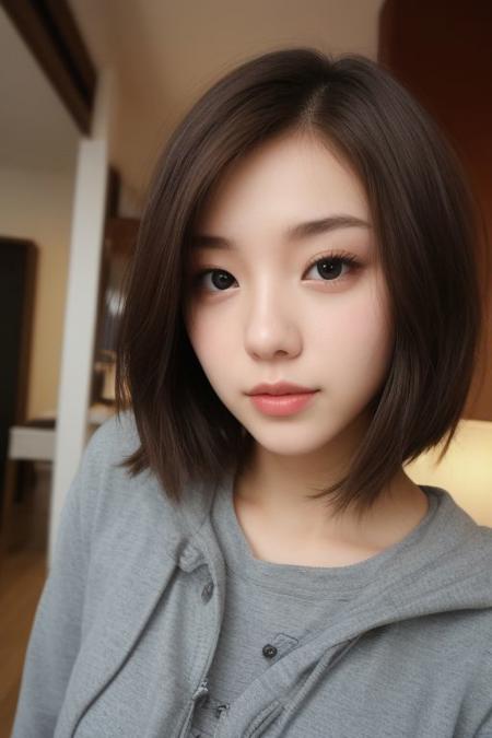 29 yo girl, Korean beauty, short hair, brunette, close-up, girl next door, baggy clothes, night, interior,