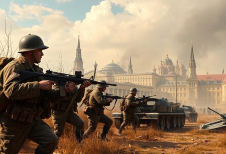 Modern, land war, scene, british soldiers, takein cover, war torn cityscape, russia,