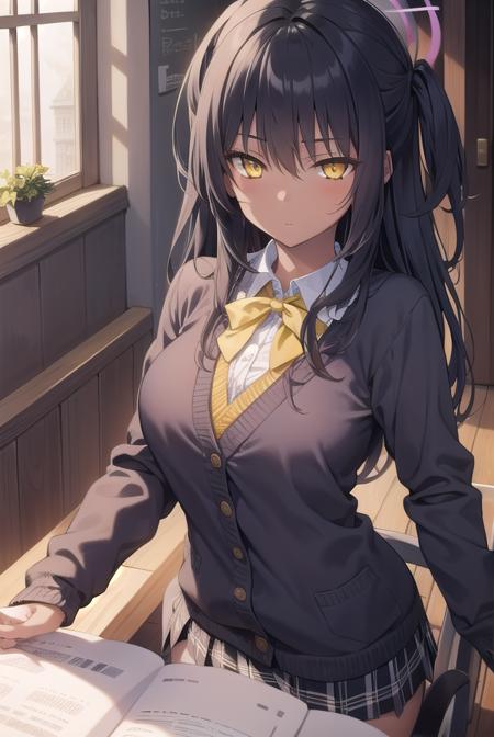 bluearchivekarin, <lyco:karin-lyco-nochekaiser:1>, 
karin, ahoge, black hair, dark skin, dark-skinned female, halo, long hair, (yellow eyes:1.5),
BREAK cardigan, neck ribbon, pleated skirt, ribbon, school uniform, skirt, blue cardigan, 
BREAK looking at viewer, 
BREAK indoors, classroom,
BREAK <lyco:GoodHands-beta2:1>, (masterpiece:1.2), best quality, high resolution, unity 8k wallpaper, (illustration:0.8), (beautiful detailed eyes:1.6), extremely detailed face, perfect lighting, extremely detailed CG, (perfect hands, perfect anatomy),