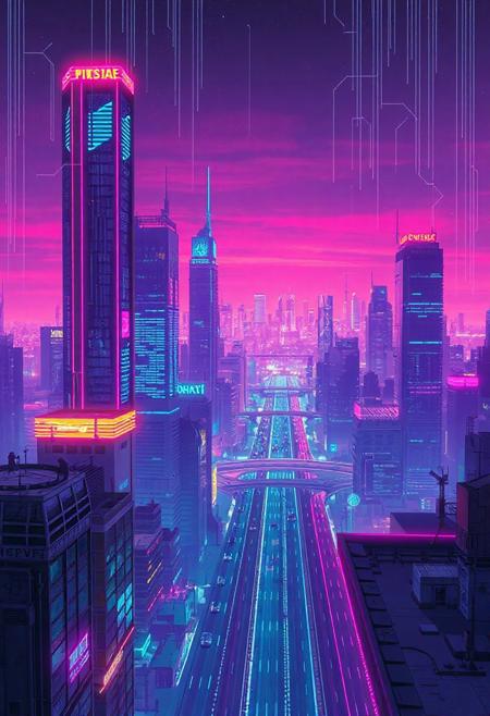 Digital city, megalopolis, future, retrowave, cyberpunk, neon, rooftop, city in the distance, highways, neon, lights,