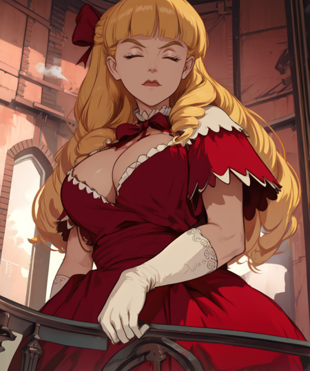 scarlett,blond hair,bangs,long hair,closed eyes,
red dress,white elbow gloves,red hair ribbon,looking at viewer,from below,cleavage,
smug,standing,
steam castle,
(insanely detailed, beautiful detailed face,masterpiece, best quality) solo,<lora:scarlettohara:0.8>,