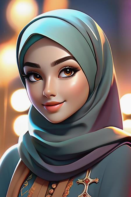 close up of a young woman,she wear a hijab with beautiful ornaments,a long dress,
very glossy skin,smile,big eyes,dezent make up,antasy art,digital art,delicate lines and textures,realistic and rich art,
detailed face and eyes,blurred  night city background,surrealism,cinematic,rough shadows,vivid colors,Rich colors,light and shadow,three-dimensional lighting,combination of various colors and shades,volume lighting,Film light,dynamic lighting,good anatomy,intricate details,highly details.,Broken Glass effect,no background,stunning,something that even doesn't exist,mythical being,energy,molecular,textures,iridescent and luminescent scales,breathtaking beauty,pure perfection,divine presence,unforgettable,impressive,breathtaking beauty,Volumetric light,auras,rays,vivid colors reflects,