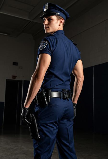 Ultra-realistic, hyperrealistic cinematic full-body photo of a handsome 20-year-old Caucasian male police academy recruit, viewed from behind during a formal uniform inspection. He stands tall and rigid in a wide stance, hands clasped behind his back, wearing a tightly fitted short-sleeved navy blue police uniform and black tactical gloves. His lower body features enormous, massively exaggerated glutes that dominate the frame, stretching and sculpting the uniform pants with incredible photorealistic detail—each muscle fiber, skin texture, and fabric strain sharply visible. Powerful, thick thighs complement the exaggerated proportions, contrasting strongly with a slim waist cinched by a heavy-duty duty belt loaded with tactical gear. He glances back over his shoulder with a confident, smug smirk, radiating dominance and quiet arrogance. The bright, spotless police academy inspection hall softly blurs in the background, focusing attention on his overwhelming figure. Dramatic overhead lighting casts strong shadows and highlights, emphasizing the immense muscular contours. Shot from an extreme low rear angle, full body in frame, cinematic lighting, ultra-detailed textures, photorealistic skin and fabric, vivid depth, and sharp focus.