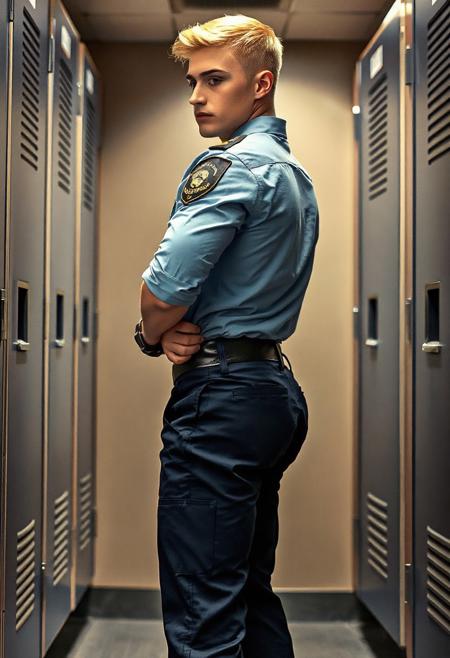 Ultra-realistic bright full-body side photo of a blond 20-year-old Caucasian male police officer inside a police station locker room. His lean, slim physique with his tucked in police shirt, a narrow waist, and muscular glutes. He is adjusting his regulation black police duty belt, which is fastened around his dark navy police uniform pants. The belt emphasizes his big buttocks. He wears polished black tactical boots. The expression on his clean-shaven face is focused and serious